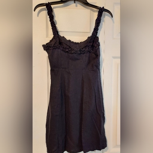 Forever 21 Black Linen Strappy Sundress Ruffles Side Zip Small LBD - Picture 1 of 13
